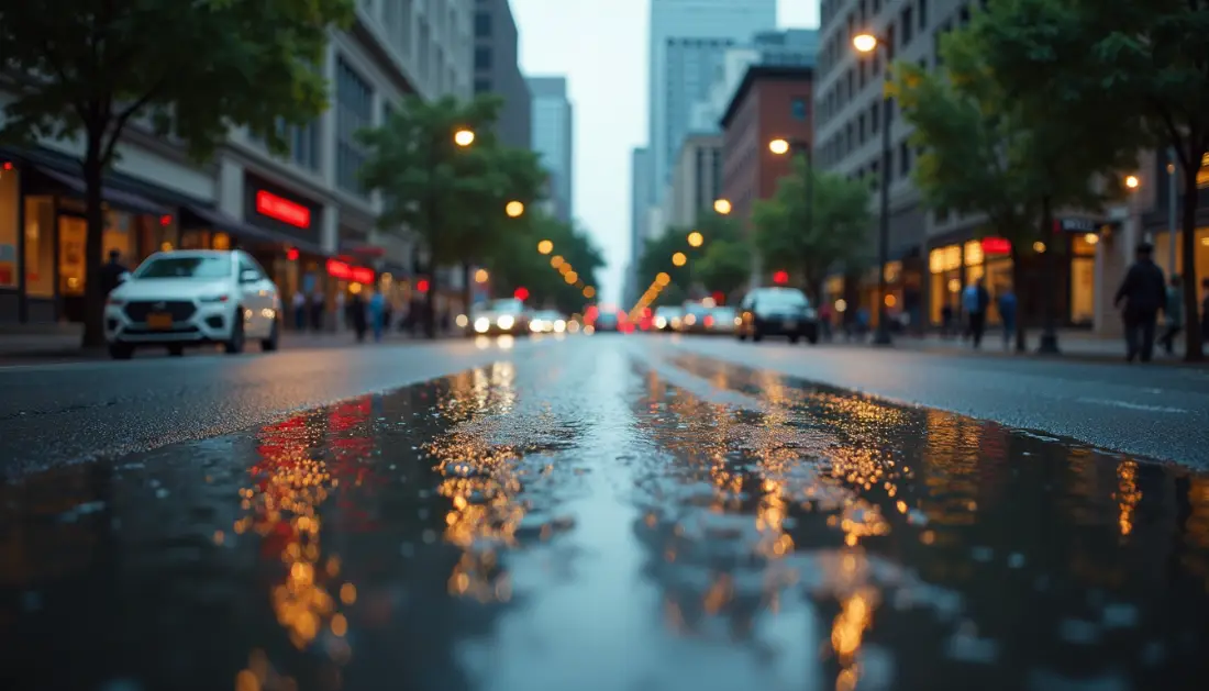 High angle view of a flooded street during a summer storm in downtown Toronto